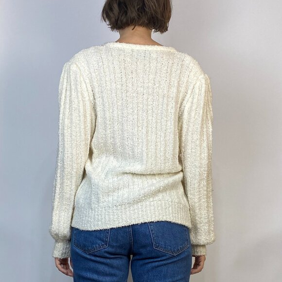 Vintage 1980s NUBBY Cream Cardigan with PUFF Sleeves & PEARL Buttons! Medium - Picture 6 of 7